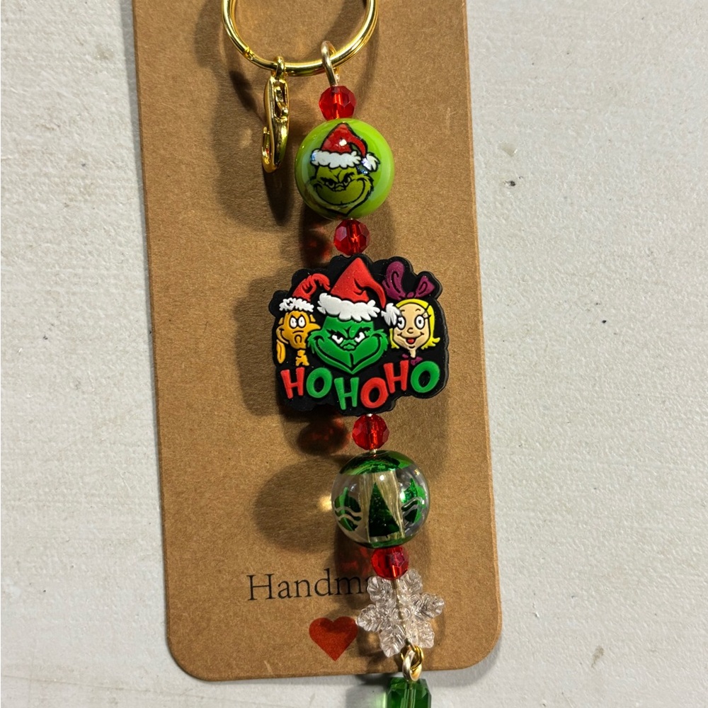 Festive Grinch Keychain with Red and Green Beads
